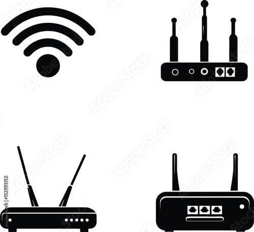 Set of Wireless Internet and Wi-Fi Router Icons in Black and White