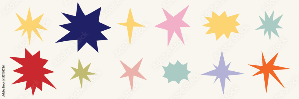 Collection of retro futuristic icons and stickers, pastel Set of stars in shape. Abstract sign design with cool glitter effect. Templates for design, posters, projects, banners Collection of retro futuristic icons and stickers, pastel Set of stars in shape. Abstract sign design with cool glitter effect. Templates for design, posters, projects, banners