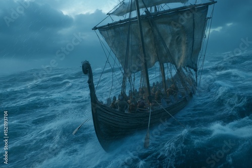 Dramatic Viking Ship Struggling Through Turbulent Ocean Waves Under Overcast Sky
