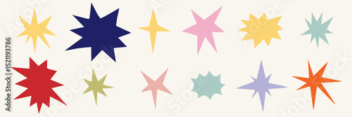Collection of retro futuristic icons and stickers, pastel Set of stars in shape. Abstract sign design with cool glitter effect. Templates for design, posters, projects, banners