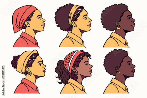Illustration showing diverse women profiles with different hairstyles and head coverings in a pattern, vector art
