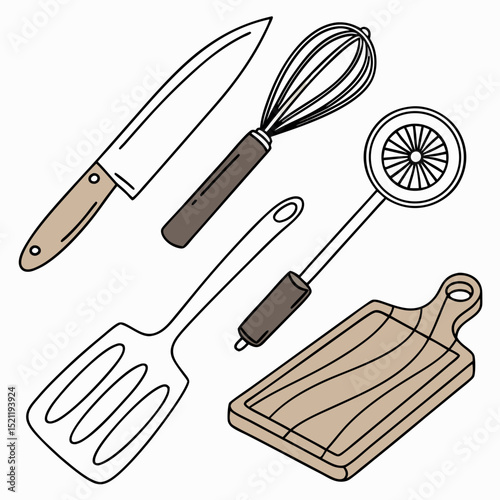 Illustration of kitchen utensils including a knife whisk skimmer and cutting board on white background, vector art