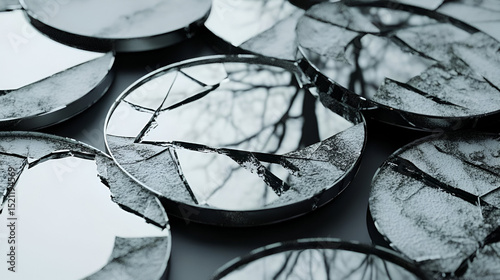 A series of fragmented mirrors reflecting broken images, symbolizing the fractured nature of truth and the multiplicity of perspectives photo