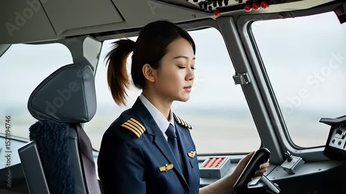 Female pilot adjusting her hair in the cockpit while preparing for takeoff with clouds outside