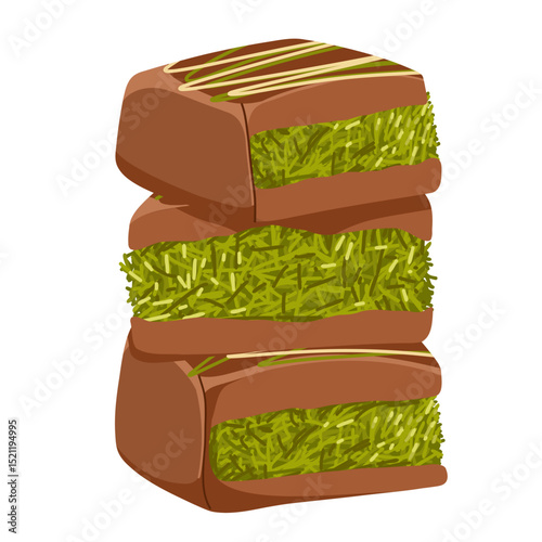 Vector illustration of Dubai chocolate candy pile with pistachio paste and kataifi dough. Hand drawn sweets with milk chocolate and pistachio kernel for packaging, menu, catalog spreads, product cards