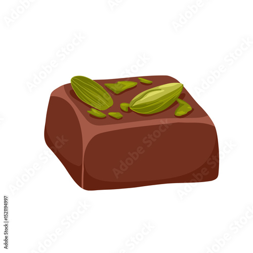 Dubai chocolate candy with pistachio paste and kataifi dough. Hand drawn vector sweets with dark chocolate and pistachio nut kernel for confectionery packaging, menu, catalog spreads, product cards