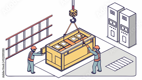 Isometric illustration of workers moving a large crate with a crane in an industrial setting area space