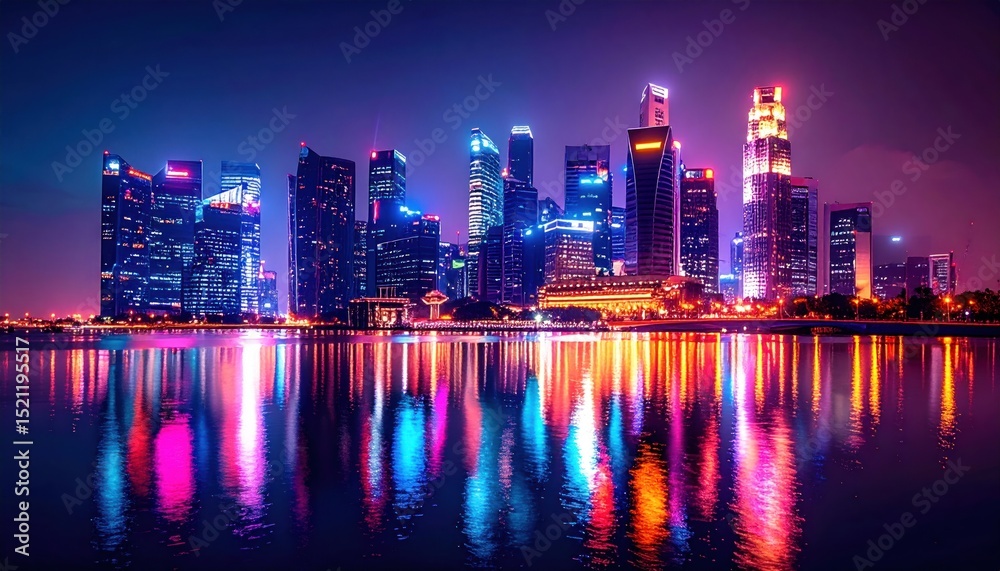 Fototapeta premium Vibrant cityscape illuminated at night reflects in the tranquil waters below