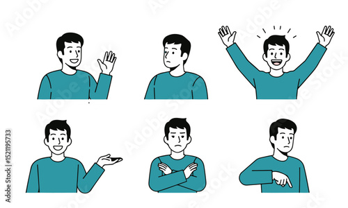 illustrations show a man in a teal shirt expressing various actions and emotions: waving, looking away, cheering, offering, crossing arms in disapproval, and pointing down.