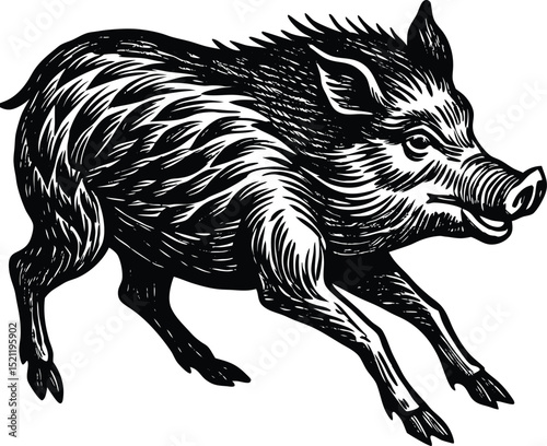 Boar silhouette running with detailed fur for wild animal  hunting graphics and forest themes