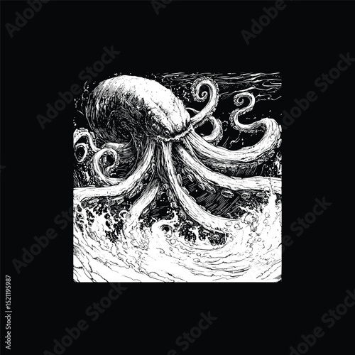 Kraken rages in the ocean engraving design vector template illustration