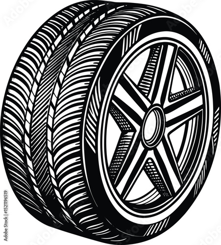 Car tire silhouette with detailed tread design for automotive, repair, mechanic tools