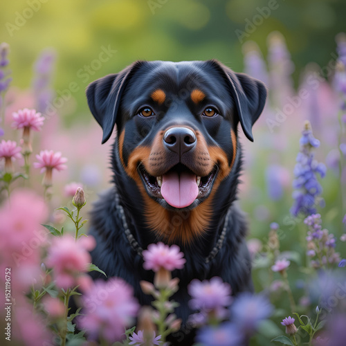 Portrait von einem Rottweiler Hund in Blumenwiese