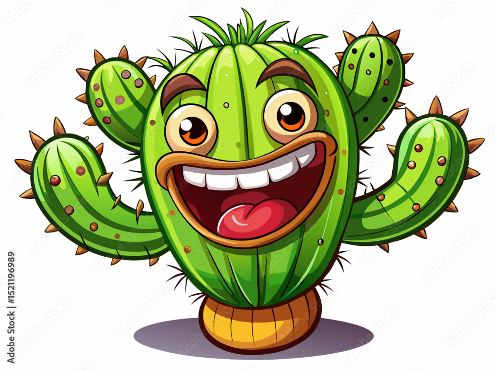 Obraz premium Vector cartoon illustration of a funny cactus character with expressive face and playful pose perfect for stickers, kids’ content, plant branding, and fun designs