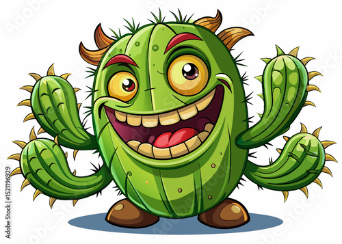 Vector cartoon illustration of a funny cactus character with expressive face and playful pose perfect for stickers, kids’ content, plant branding, and fun designs