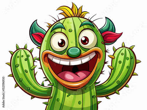 Vector cartoon illustration of a funny cactus character with expressive face and playful pose perfect for stickers, kids’ content, plant branding, and fun designs