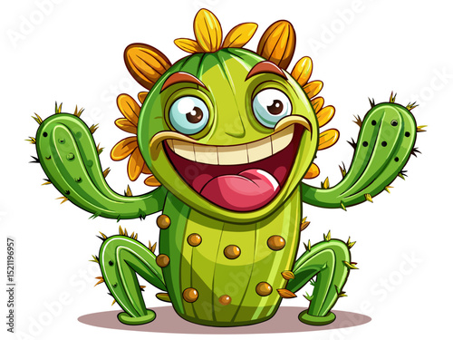 Vector cartoon illustration of a funny cactus character with expressive face and playful pose perfect for stickers, kids’ content, plant branding, and fun designs