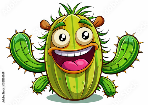 Vector cartoon illustration of a funny cactus character with expressive face and playful pose perfect for stickers, kids’ content, plant branding, and fun designs