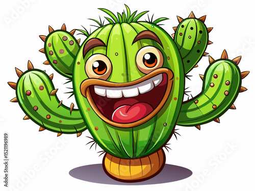 Vector cartoon illustration of a funny cactus character with expressive face and playful pose perfect for stickers, kids’ content, plant branding, and fun designs