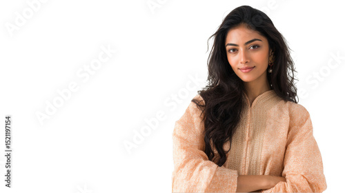 Confident south asian model posing in a traditional outfit against a transparent background, showcasing cultural fashion with elegance and poise