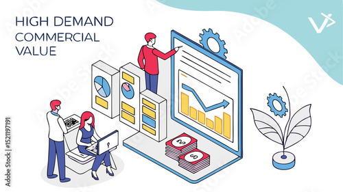 Isometric illustration of business team analyzing data charts and growth with gear and coin stacks icon