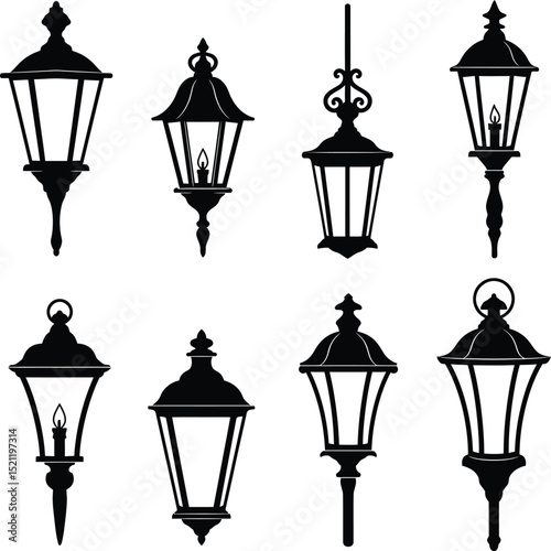 Chinese Lantern Clipart Set with Decorative Traditional Silhouette Designs