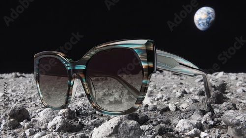 Stylish sunglasses with striped frame resting on moon surface with Earth in the background, combining fashion and science fiction in a surreal space concept.
