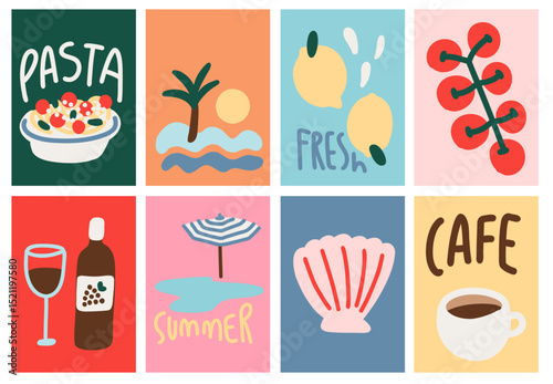 Summer Mediterranean Lemon Tomatoes and Pasta Vector Collection