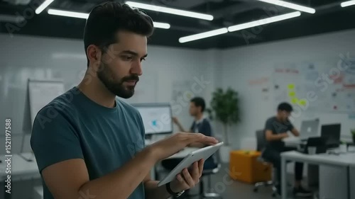 Focused man assessing data on a tablet in a modern office with colleagues collaborating nearby