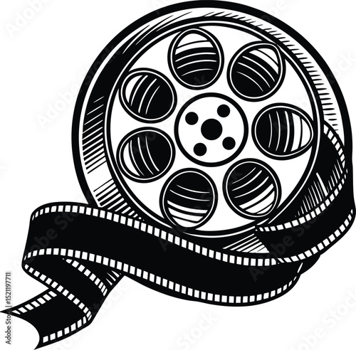 Film reel silhouette with curling filmstrip detail, perfect for movie themes, cinema artwork, filmmaking