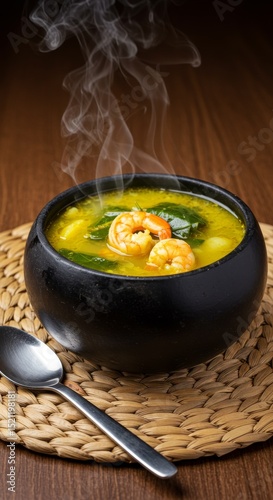 A steaming bowl of shrimp soup with spinach and a spoon on a woven placemat on a wooden table
