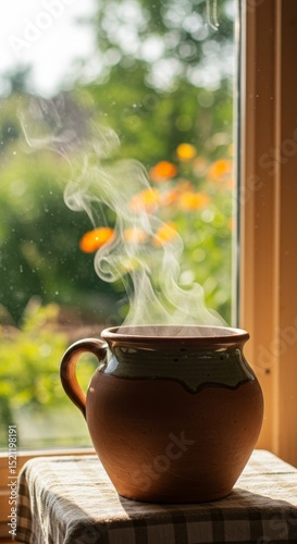 A steaming mug sits on a checkered tablecloth near a window with a garden view in the background