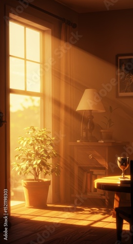 A room bathed in golden light with a potted plant and a table set for a peaceful evening scene