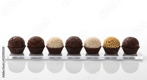 A row of seven brigadeiros with different toppings on a clear surface against a white background
