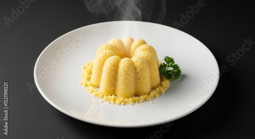 Steaming corn pudding on a white plate with parsley garnish against a black background view from above