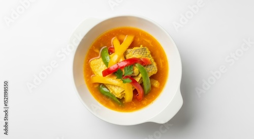 A bowl of stew with yellow and red peppers and green peppers on a white background in a white bowl