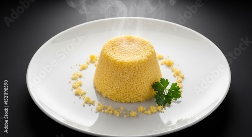 Steaming couscous mold on a white plate with parsley and crumbs against a dark background is presented