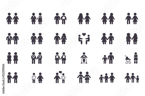 Family and Relationship Icon Set. Black Silhouette Vector Glyphs of Couples, Parents, Children, Elderly, Pregnancy, Single Moms and Social Care. Vector Illustration