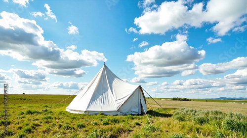 White Tent in Open Field Under Blue Sky