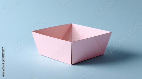 A high-resolution mockup featuring a delicate pink folded paper box with crisp edges and subtle shadows, placed centrally on a clean light blue background. The box showcases precis