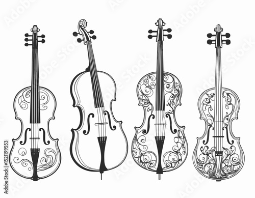 Ethereal Musical Harmony: Intricate Line Art of Classical Instruments in Symphony
