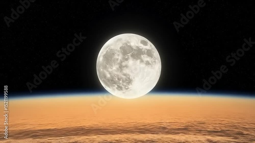 Full moon rising above a distant planet's horizon, illuminating the cosmic landscape