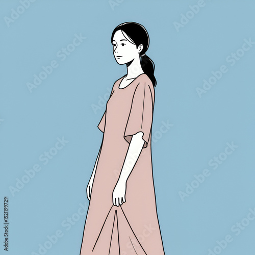 Minimalist illustration of a graceful woman with a ponytail, wearing a flowing pink dress, looking sideways against a blue background