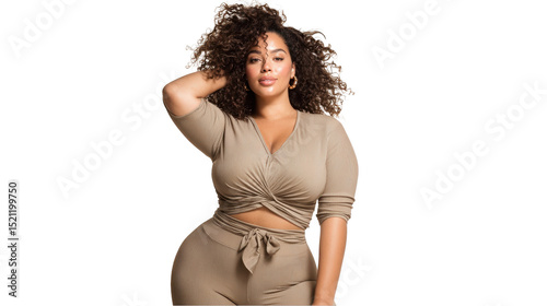 Confident plus size latina fashion model posing with hand in hair, wearing an earth tone outfit on a transparent background, showcasing body positivity and inclusivity in fashion