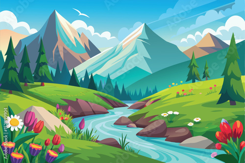  beautiful mountain landscape with flowing river, green hills, wildflowers and forest scenery in spring