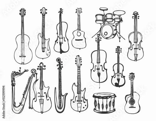 Harmonious Symphony: Intricate Line Art of Various Music Instruments in Silhouette