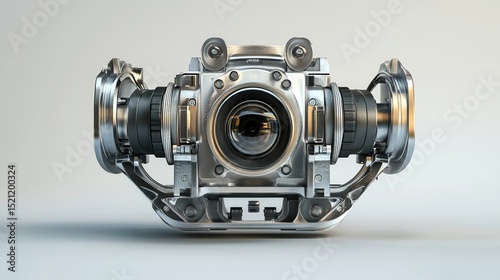 A futuristic, silver, metallic camera or surveillance device with a large central lens, flanked by smaller lenses and complex mechanical components, sits on a neutral background