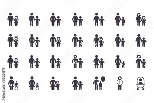 Family and Relationship Icon Set. Black Silhouette Vector Glyphs of Couples, Parents, Children, Elderly, Pregnancy, Single Moms and Social Care. Vector Illustration