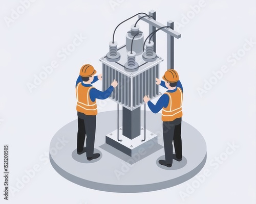 Isometric power transformer maintenance workers ensures stable electric grid