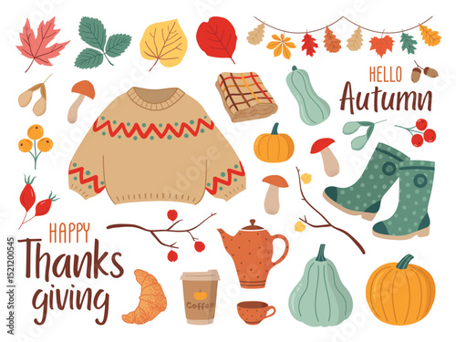 Colorful hand drawn vector set of illustrations or stickers with different cute fall objects.Hand drawn scrapbook autumnal bundle